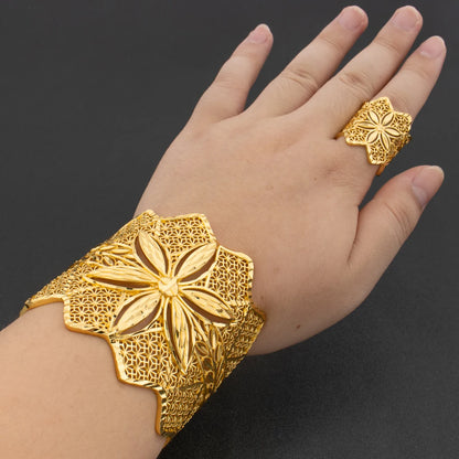 Arab Luxury Gold Plated Bracelet Ring Copper Large Bangle Jewelry Set for Women Adjustable Ring Design Fashion Wedding Jewelry