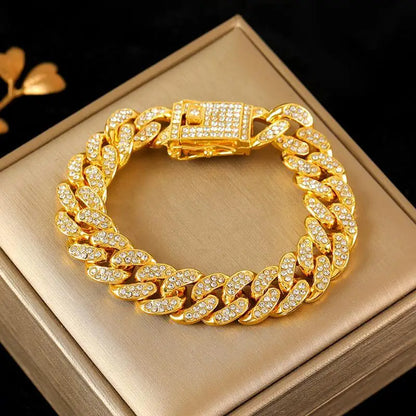 American luxury, high-quality metal Cuban chain, men's chain bracelet, 18K gold-plated, non fading, shiny zircon, party jewelry
