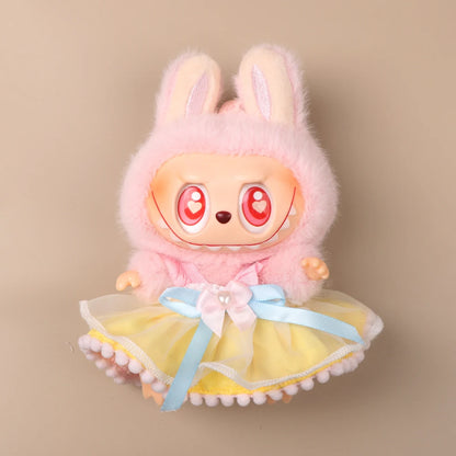 Mini Plush Doll'S Clothes Outfit Accessories For 17cm Korea Kpop Exo Labubu Idol Pearl Bow Lace Trimmed Skirt Clothing Gift