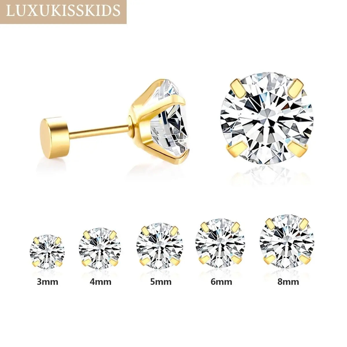 LUXUKISSKIDS 2pcs Crystal Round Stud Earrings Clearly Cubic Zircon Woman/Man Stainless Steel 4 Prong Tragus Cartilage Piercing