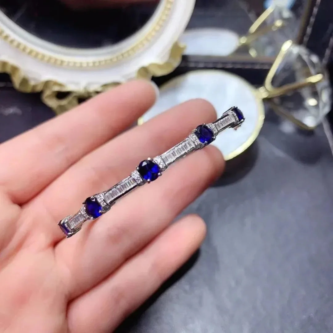 Natural Blue Sapphire Gem Bangles Natural Gemstone Bangles S925 Silver Bracelet Classic Elegant Array Women Party Fine Jewelry