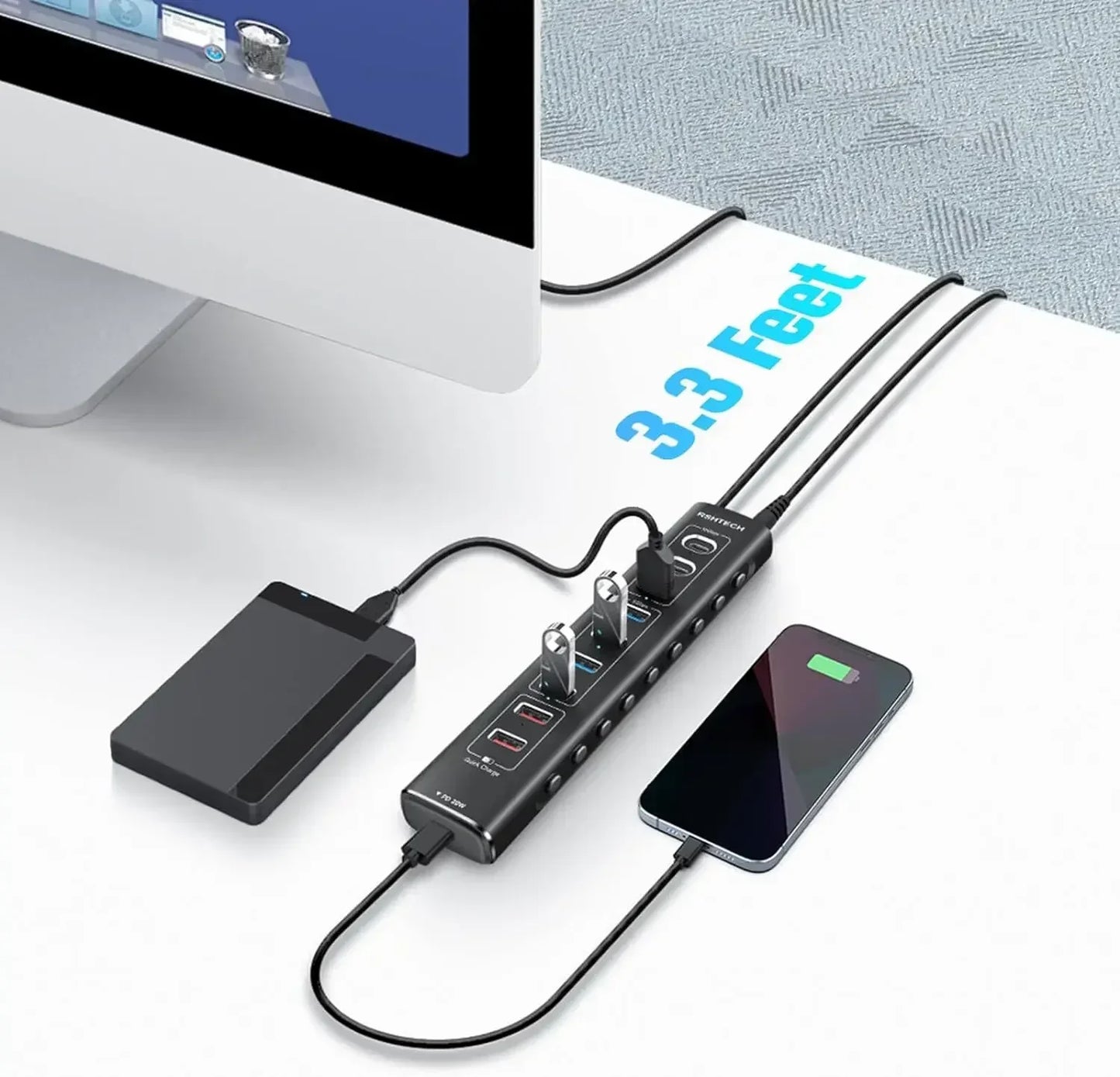 RSHTECH 60W Powered USB Hub 10Gbps Data Transfer Aluminum USB Splitter with Fast Charging Ports USB-C PD 20W for Macbook Laptops