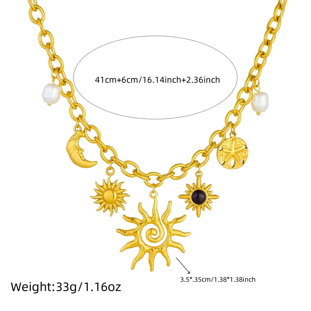 LAMENGLY 316L Stainless Steel Creative Spiral Sun Element Moon Star Pendant Necklace Women Hyperbole Clavicle Chain Party Gifts