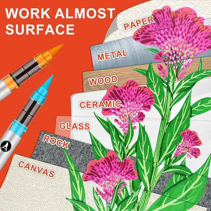 Acrylic Paint Markers Set,Automatic Ink Control, With Portable Handbags ,Brush Tip, for Rock Painting, Ceramic, Wood, Canvas