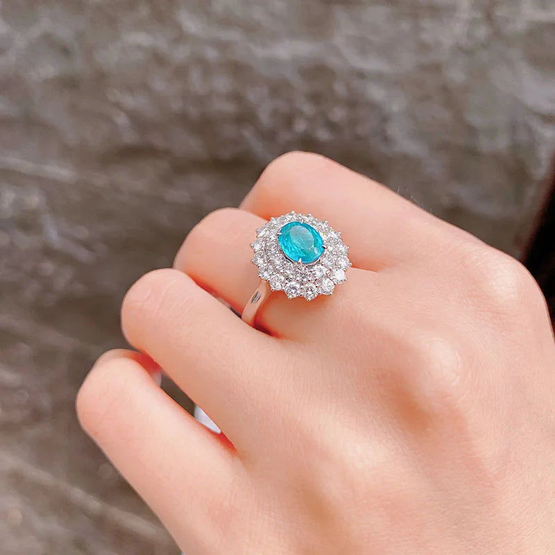 Luxurious Paraiba Sapphire Flower Oval Diamond Couple Ring For Women Geometric Zirconia S925 Silverd Anniversary Gift Jewelry