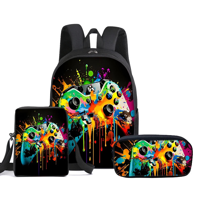Hot GamePad 3Pcs/Set Backpack With Messenger Bags ,Pencil Bag,School Bag For Boy/Girls Best Gift 3D Cartoon Student School Bags