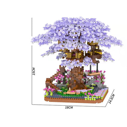 Mini Sakura Tree House Building Blocks Trains With Lights DIY Model City Street View Cherry Blossom House Bricks Kids Toys Gift