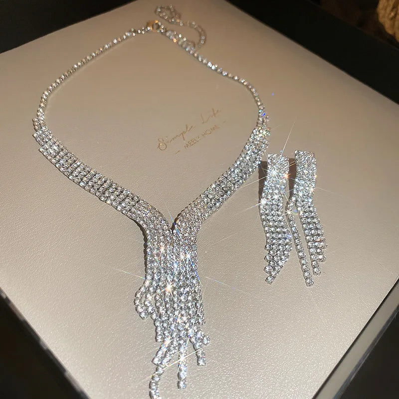 3 Pcs Square Geometric Rhinestone Pendant Necklaces for Women Advanced Collar Chains Luxury New in Earrings Fashion Jewelry Sets