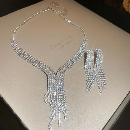 3 Pcs Square Geometric Rhinestone Pendant Necklaces for Women Advanced Collar Chains Luxury New in Earrings Fashion Jewelry Sets