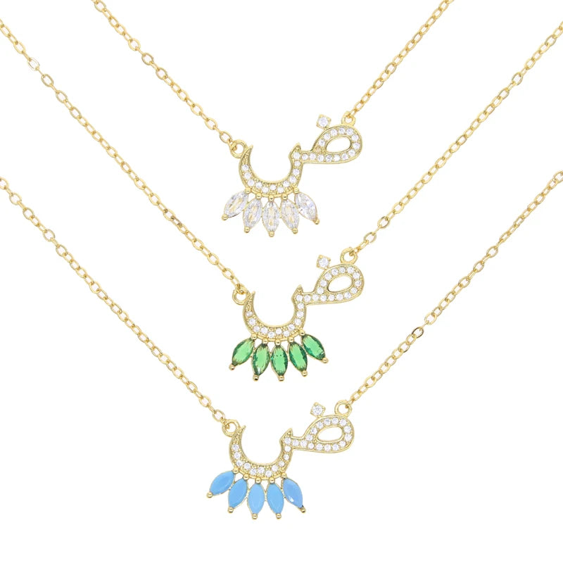 Total 31 Different Shape Arabic Letter Pendant Necklaces for Women Paved Green White Cz and Turquoise Gold Color Fashion Jewelry