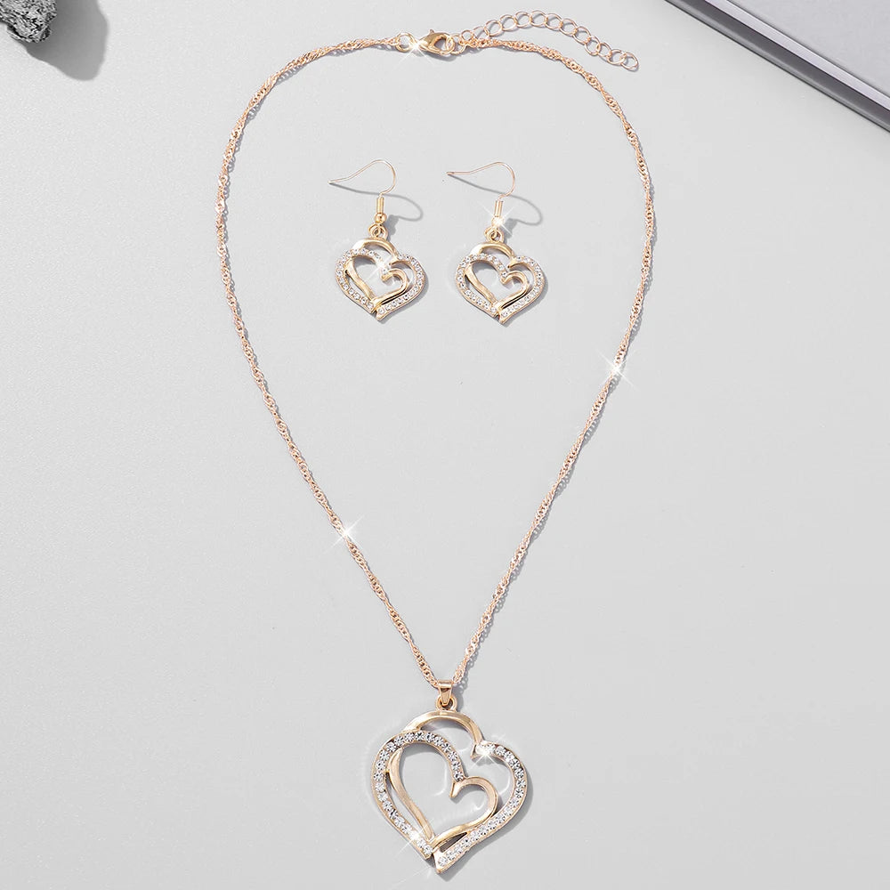 1 Pair Of Earrings + 1 Necklace French Romantic Style Jewelry Set Sparkling Heart Design Silvery Or Golden Make Your Call Gift F