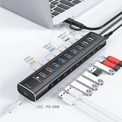 RSHTECH 60W Powered USB Hub 10Gbps Data Transfer Aluminum USB Splitter with Fast Charging Ports USB-C PD 20W for Macbook Laptops