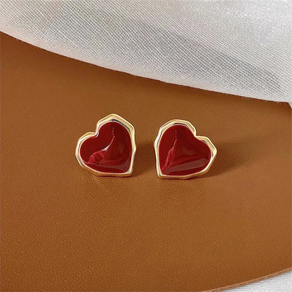 Big Peach Red Heart Stud Earrings for Women Korean Simple Fashion Enamel Cute Geometry Jewelry Accessories Gift