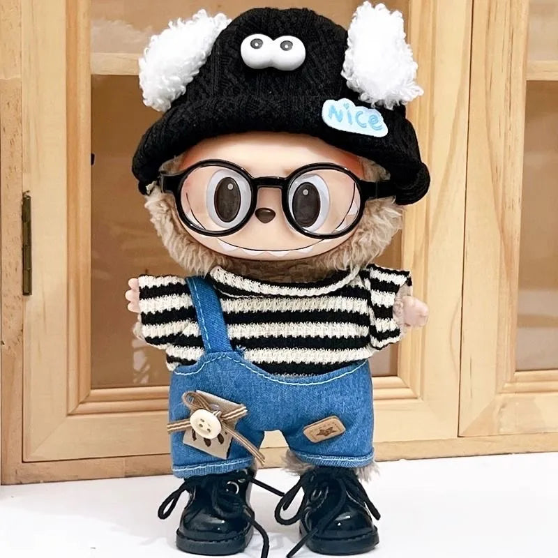 For 17cm Mini Labubu Doll'S Clothes Outfit Accessories For Korea Kpop Exo Labubu Idol V1 V2 Striped Sweater Overalls Clothing