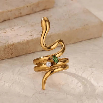 Gold Plated Stainless Steel Green Zircon Snake Rings For Women Men Open Adjustable Finger Ring Vintage Gothic Aesthetic Jewelry