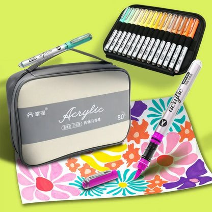 Acrylic Paint Markers Set,Automatic Ink Control, With Portable Handbags ,Brush Tip, for Rock Painting, Ceramic, Wood, Canvas