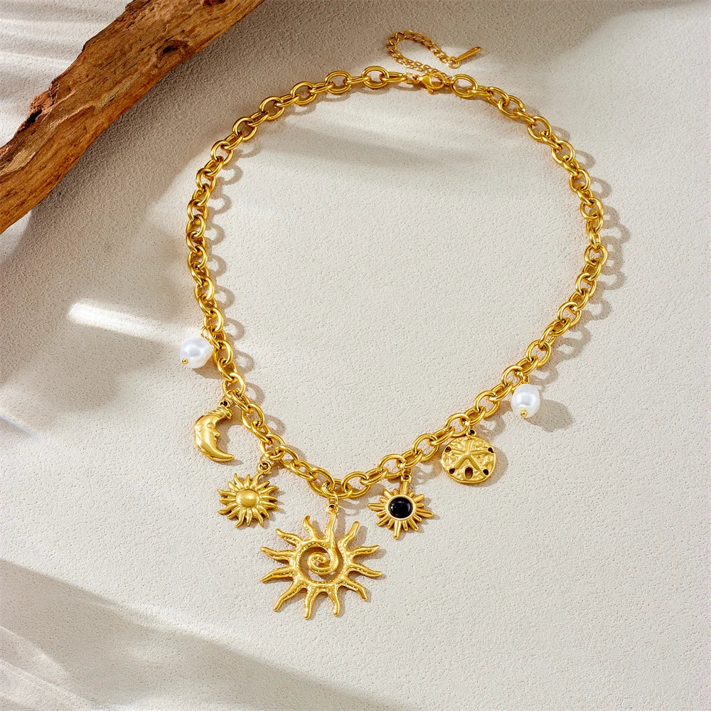 LAMENGLY 316L Stainless Steel Creative Spiral Sun Element Moon Star Pendant Necklace Women Hyperbole Clavicle Chain Party Gifts
