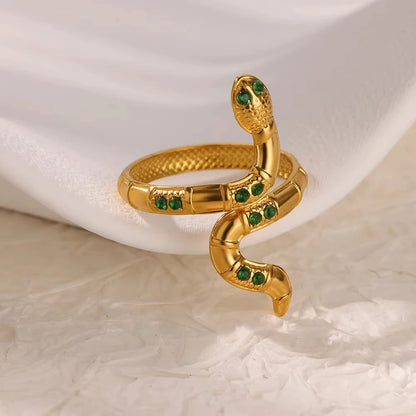 Gold Plated Stainless Steel Green Zircon Snake Rings For Women Men Open Adjustable Finger Ring Vintage Gothic Aesthetic Jewelry