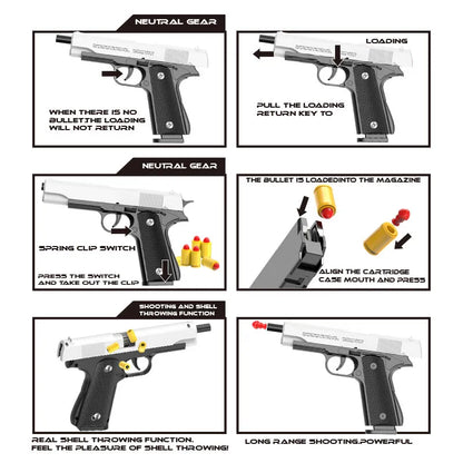 Black M1911 Colt Toy Gunman Gun, Soft Bullet Shell, Catapult Blaster, Manual Air Gun Launcher, Boys Shooting Game 14+y
