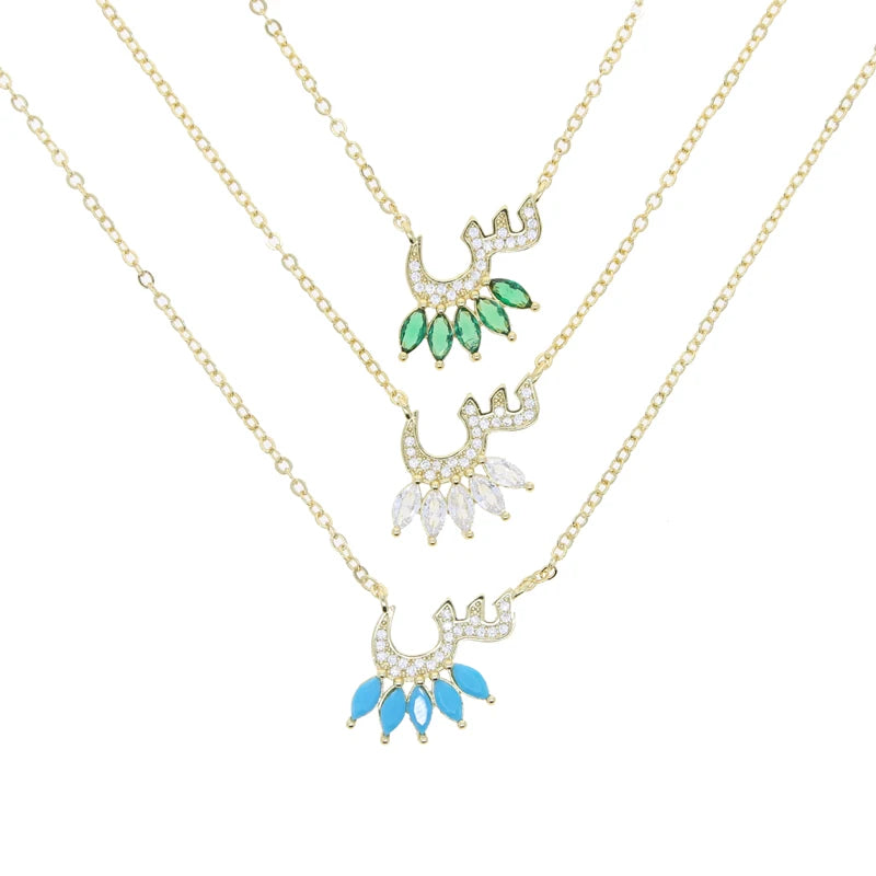 Total 31 Different Shape Arabic Letter Pendant Necklaces for Women Paved Green White Cz and Turquoise Gold Color Fashion Jewelry