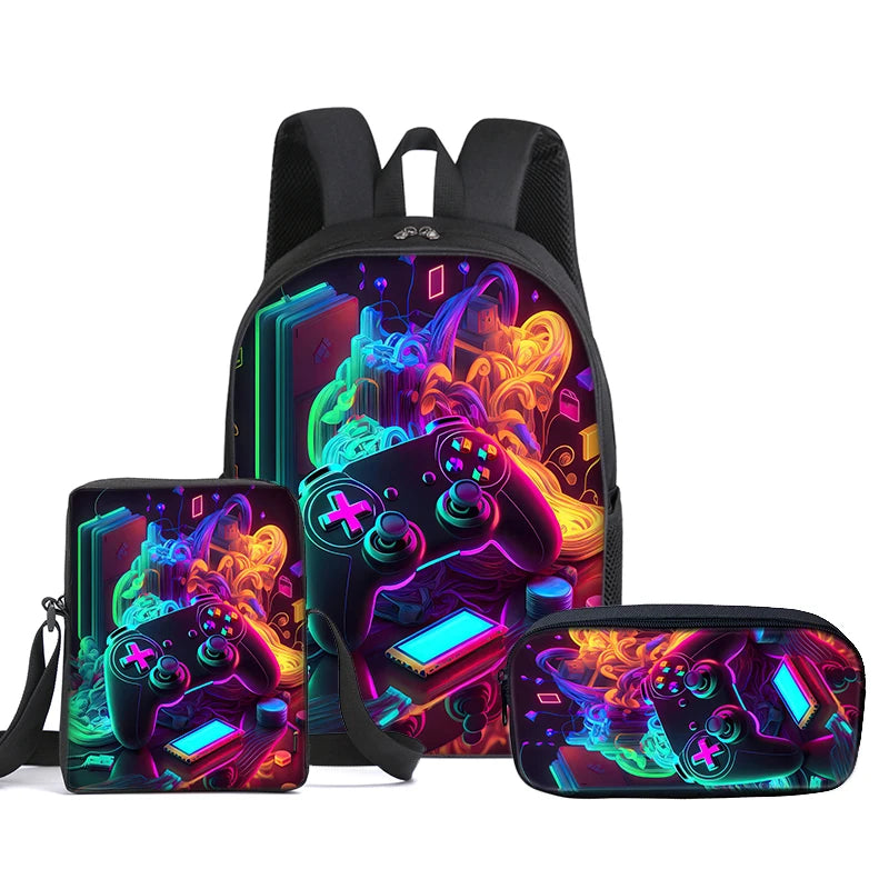 Hot GamePad 3Pcs/Set Backpack With Messenger Bags ,Pencil Bag,School Bag For Boy/Girls Best Gift 3D Cartoon Student School Bags