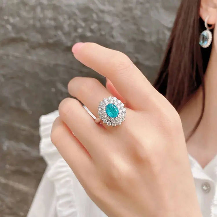 Luxurious Paraiba Sapphire Flower Oval Diamond Couple Ring For Women Geometric Zirconia S925 Silverd Anniversary Gift Jewelry