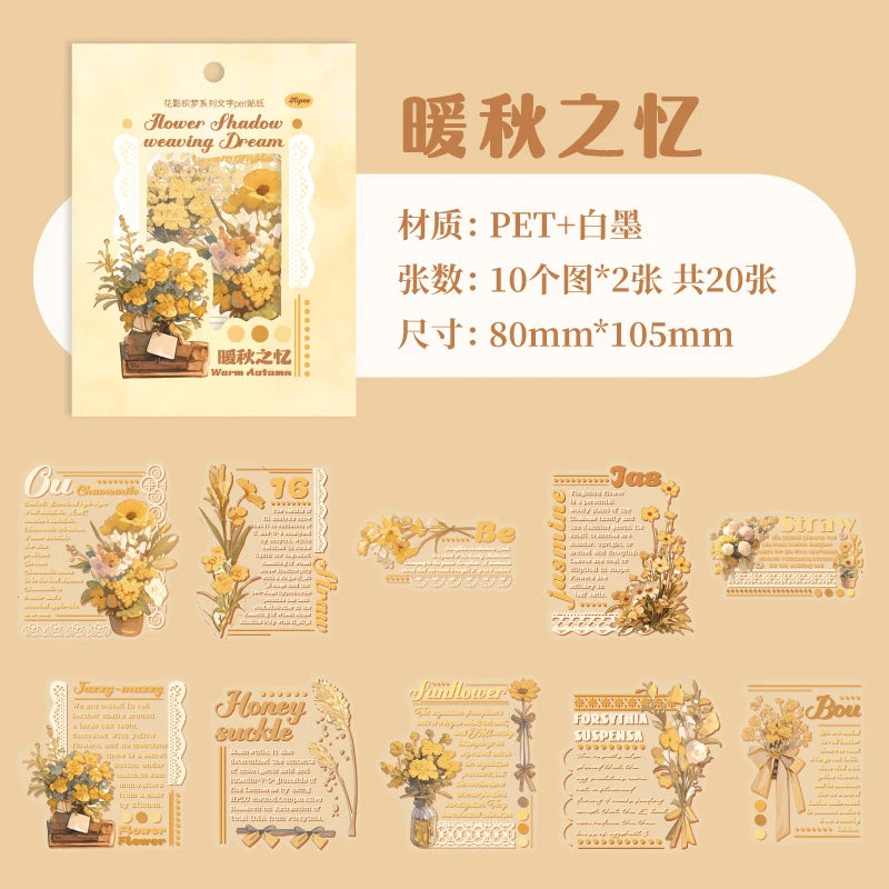 20 pcs/pack INS English Text Flowers Material Collage PET Sticker Creative DIY Collage Decor Junk Journal Aesthetics Stationery