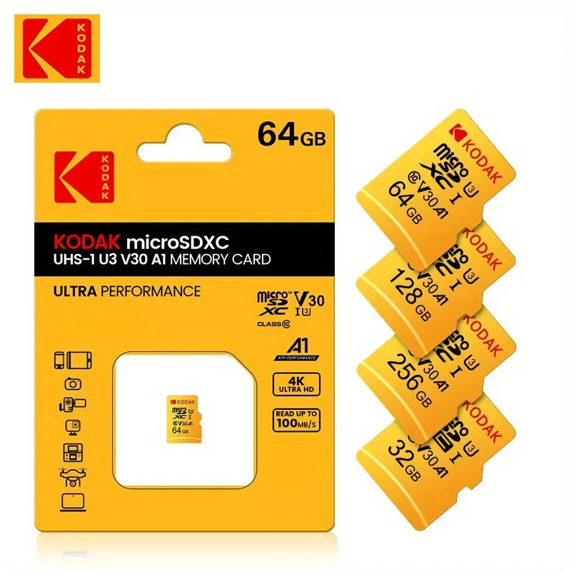 Kodak Micro SD Card Mini SD Class 10 32GB-256GB capacity, suitable for smartphones, dash recorders, drones, gimbals