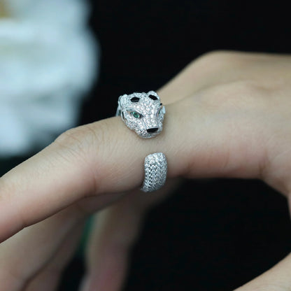 TLS 925 Sterling Silver Rhodium Plated High Carbon Diamond Cheetah Emerald Trendy Cool Ring for Gift