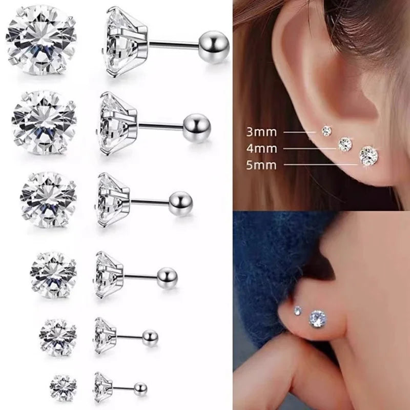 LUXUKISSKIDS 2pcs Crystal Round Stud Earrings Clearly Cubic Zircon Woman/Man Stainless Steel 4 Prong Tragus Cartilage Piercing