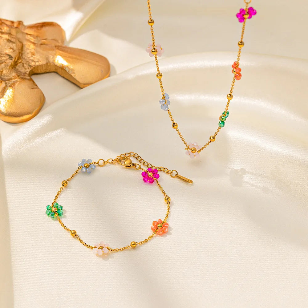 2pc/Set Fashion Y2k Colorful Flower Blue And White Bead Necklace Bracelet Set, Women's Banquet Accessories Jewelry Chain