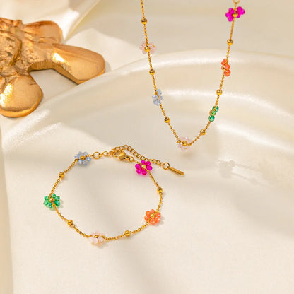 2pc/Set Fashion Y2k Colorful Flower Blue And White Bead Necklace Bracelet Set, Women's Banquet Accessories Jewelry Chain