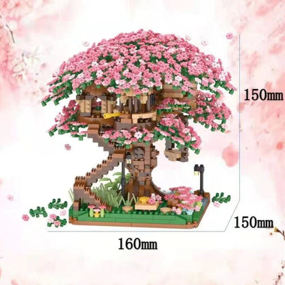 Mini Sakura Tree House Building Blocks Trains With Lights DIY Model City Street View Cherry Blossom House Bricks Kids Toys Gift