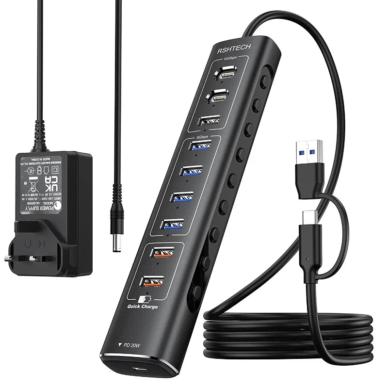 RSHTECH 60W Powered USB Hub 10Gbps Data Transfer Aluminum USB Splitter with Fast Charging Ports USB-C PD 20W for Macbook Laptops