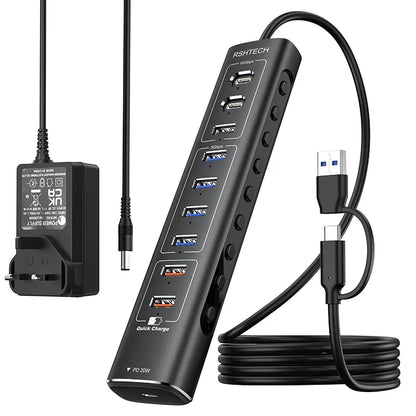 RSHTECH 60W Powered USB Hub 10Gbps Data Transfer Aluminum USB Splitter with Fast Charging Ports USB-C PD 20W for Macbook Laptops