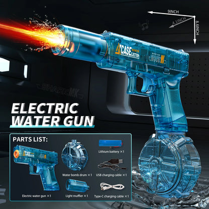 Electric Water Gun, Automatic Squirt with Pistol Realistic Gun Muzzle Flame Summer Outdoor Beach Swimming Pool Party Toy