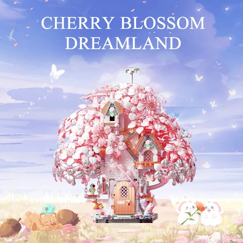 Fantasy Cherry Blossom Season Assemblage Building Blocks Kits Flower Castle Models Bricks Home Decorations Kids Toys Girls Gifts