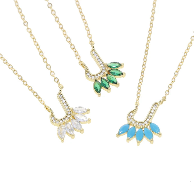 Total 31 Different Shape Arabic Letter Pendant Necklaces for Women Paved Green White Cz and Turquoise Gold Color Fashion Jewelry