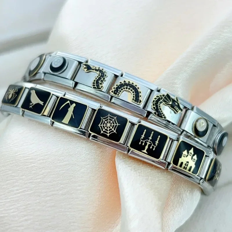 2025 Fashion Gothic Dark Dragon Elastic Italian Charm Links Fit 9mm Modular Bracelet Stainless Steel Elastic DIY Jewelry