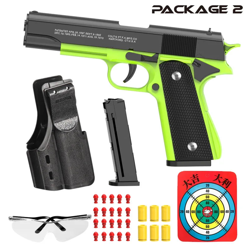 Black M1911 Colt Toy Gunman Gun, Soft Bullet Shell, Catapult Blaster, Manual Air Gun Launcher, Boys Shooting Game 14+y