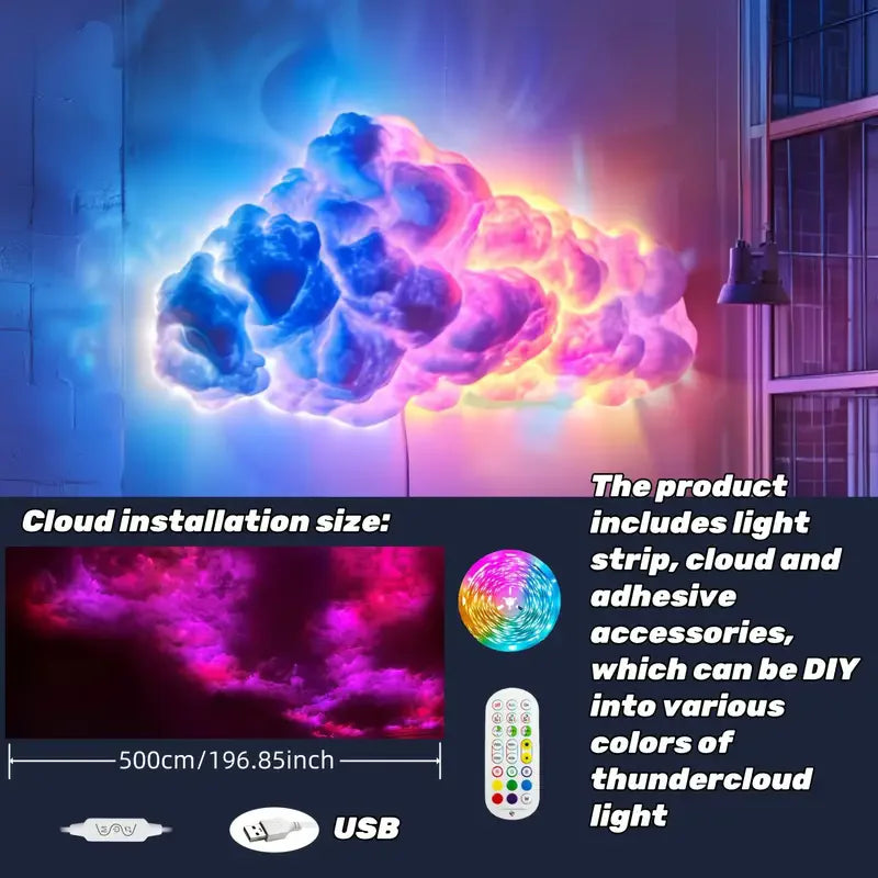 DIY Cloud LED Light Music Sync Multicolor RGBIC LED Strip Lights Remote&APP Control DIY Thunder Cloud Lamp Room Atmosphere Light