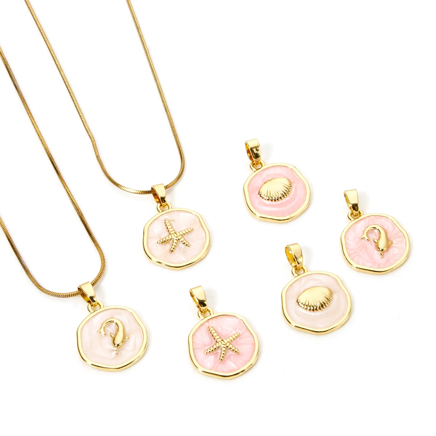 2 PCs Brass Ocean Series Charm Pendant 18K Gold Plated Irregular Enamel Shell Starfish Dolphin For Necklace Making 22mm x 15mm
