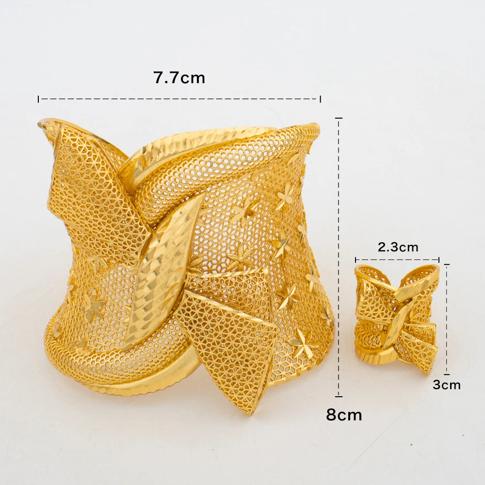 Arab Luxury Gold Plated Bracelet Ring Copper Large Bangle Jewelry Set for Women Adjustable Ring Design Fashion Wedding Jewelry