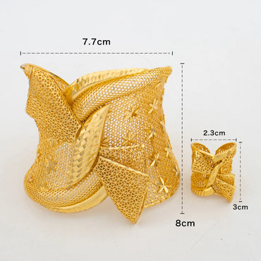 Arab Luxury Gold Plated Bracelet Ring Copper Large Bangle Jewelry Set for Women Adjustable Ring Design Fashion Wedding Jewelry