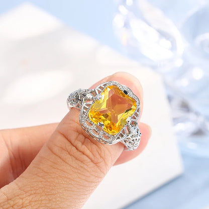 Ladies 925 Silver Plated High-grade Moissanite Citrine Hollow Wedding Engagement Ring High-end Jewelry Luxury Ladies Ring