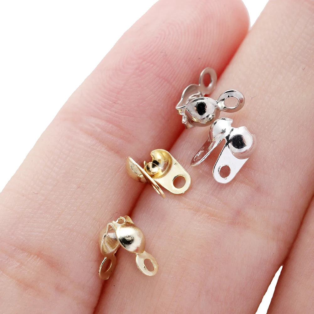 100Pcs/Lot Real Gold Plated Connector Clip Clasp Fitting Ball Chain Calotte End Crimp Bead Component for DIY Jewelry Making