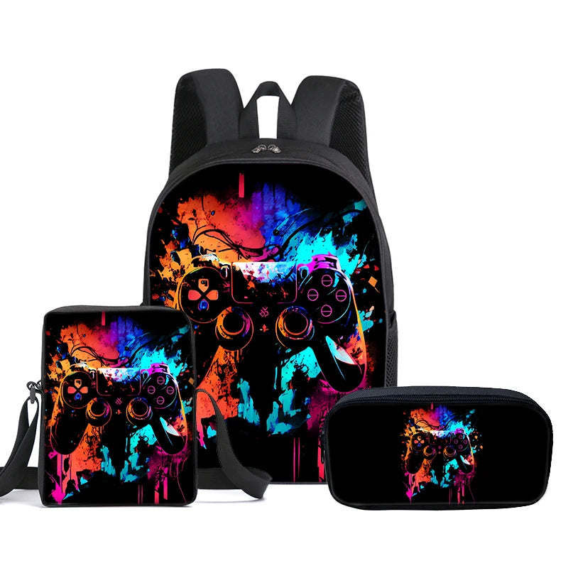Hot GamePad 3Pcs/Set Backpack With Messenger Bags ,Pencil Bag,School Bag For Boy/Girls Best Gift 3D Cartoon Student School Bags