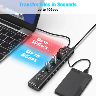 RSHTECH 60W Powered USB Hub 10Gbps Data Transfer Aluminum USB Splitter with Fast Charging Ports USB-C PD 20W for Macbook Laptops
