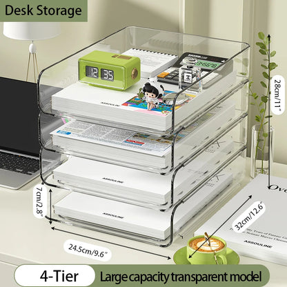 4-Tier Stackable Paper Tray Organizer for Desk with Detachable Hanging Pen Cup - Durable PET Desktop Paper Organizer Brown