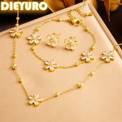 DIEYURO 316L Stainless Minimalist Rhinestone Daisy Necklace Earrings Bracelet Suit Women Trend Non-fading Flowers Jewelry Set